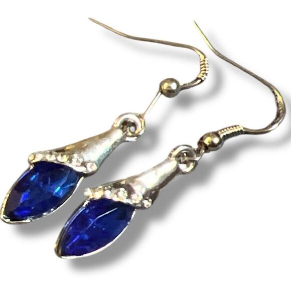Blue Tulip-Inspired Dangle Earrings – 1.5”, Silver Tone with Clear Rhinestones - Picture 5 of 7